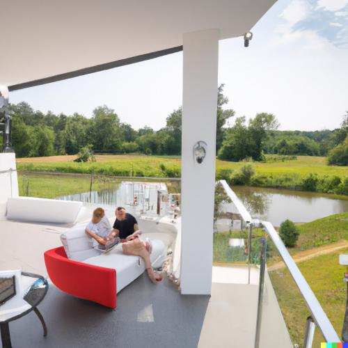 DALL·E 2023-01-07 15.40.16 - Modern, white house on the bank of Noteć river in Poland. View from the terrace, where couple is drinking refreshing drinks and enjoying summer.