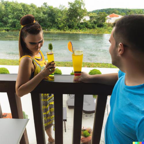 DALL·E 2023-01-07 15.41.33 - Couple is drinking refreshing drinks and enjoying summer on the house terrace. In the background the Noteć river is peacefuly flowing.