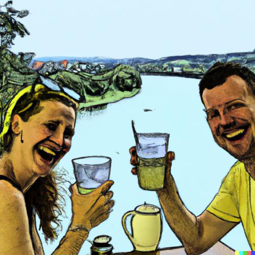DALL·E 2023-01-07 15.44.03 - Couple is drinking refreshing drinks and enjoying summer on the house terrace. In the background the Noteć river is peacefuly flowing. Comic style.